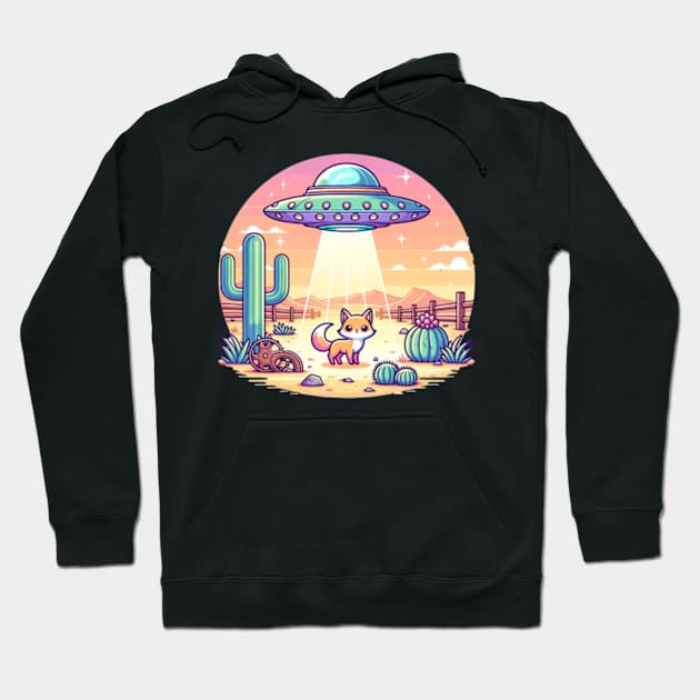 Western UFO Abducting Kawaii Fox Cactus Cartoon Hoodie by Lavender Celeste